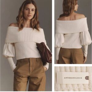 Anthropologie Tessa Off-The-Shoulder Sz L Puff-Sleeve Sweater Ivory Wool  E26